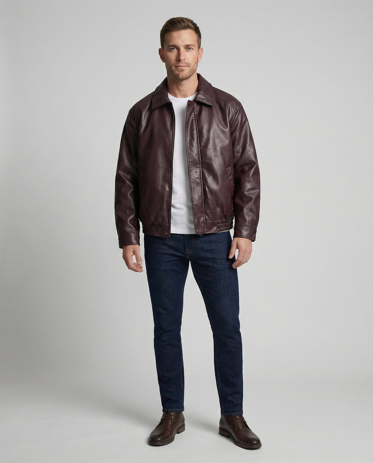 Herren Lederjacke Oversized mit Hemdkragen und Taschen