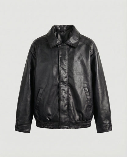 Herren Lederjacke Oversized mit Hemdkragen und Taschen