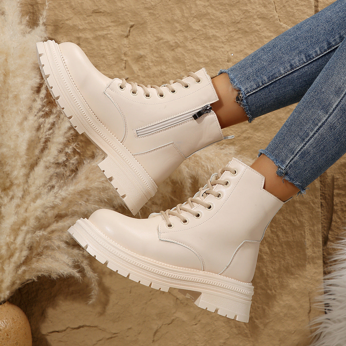 Damen Schnürboots Robust Reißverschluss Winterstiefel