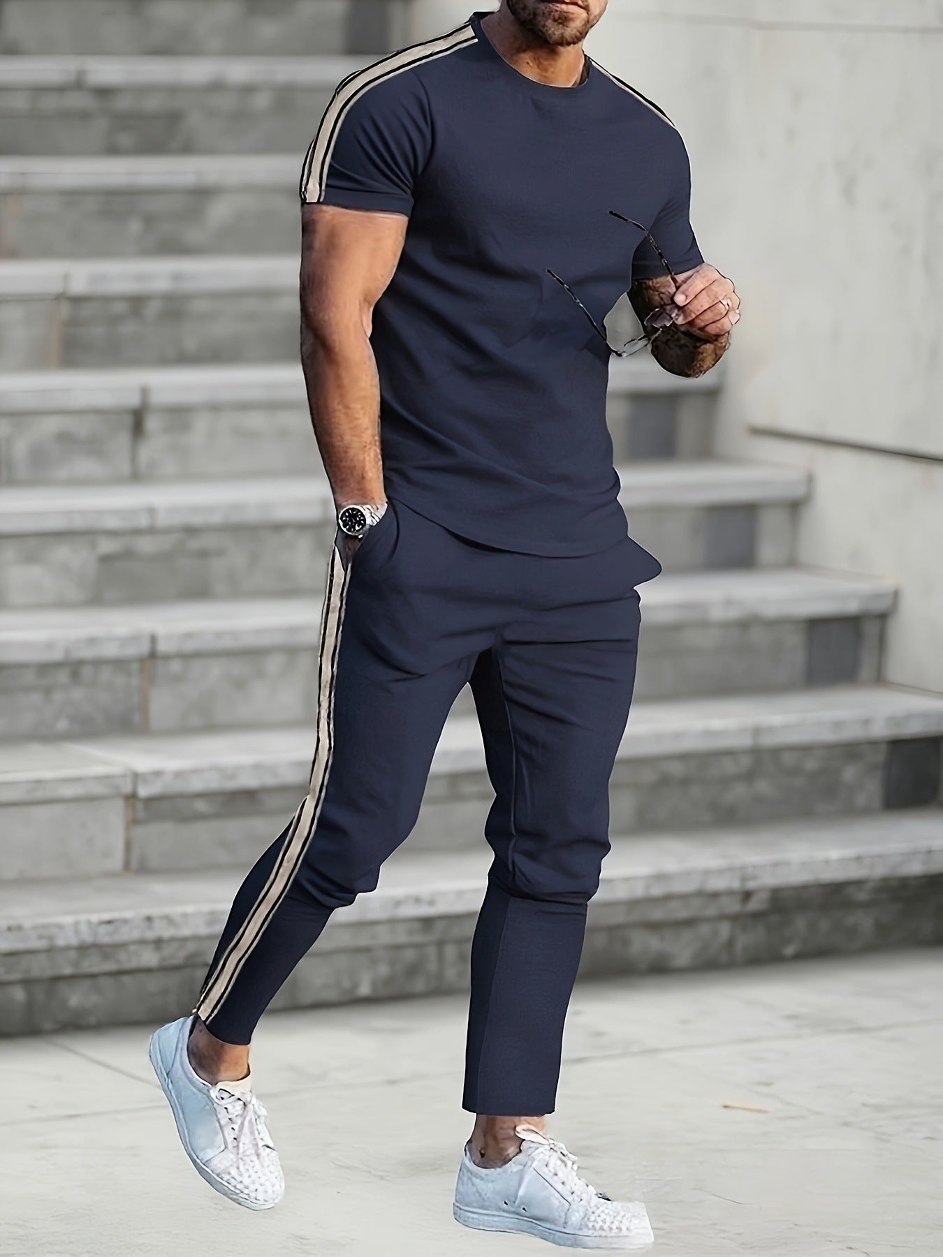 Herren Sportanzug Jogginghose Set mit Seitennähten modern