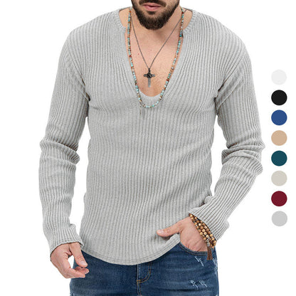 Herren Langarmshirt Strukturiert V-Ausschnitt Rippdesign Modern