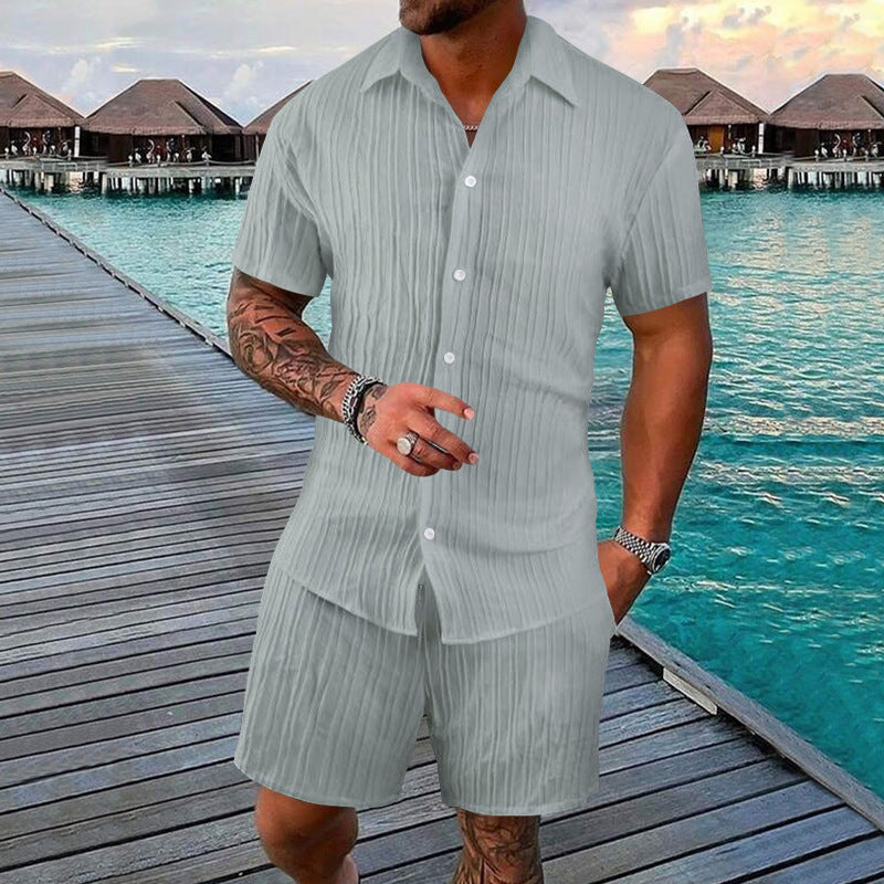 Herren Kurzarm-Hemd-Set mit Shorts und Struktur-Design Sommer