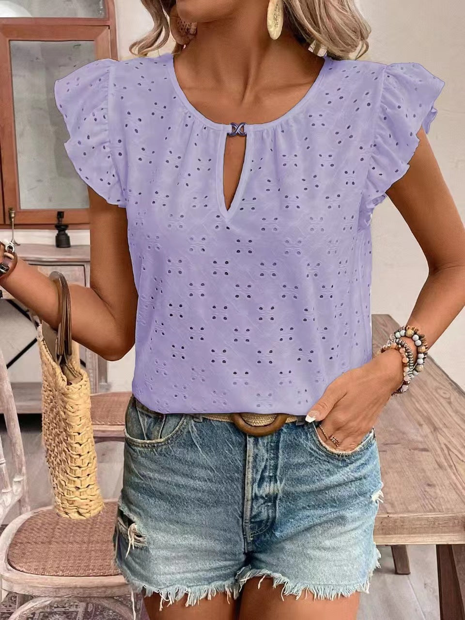 Damen Bluse Rüschendetails Lochstickerei Elegant