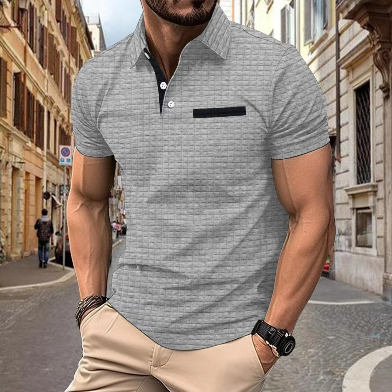 Herren Polohemd Kurzarm Strukturiert Mit Brusttasche