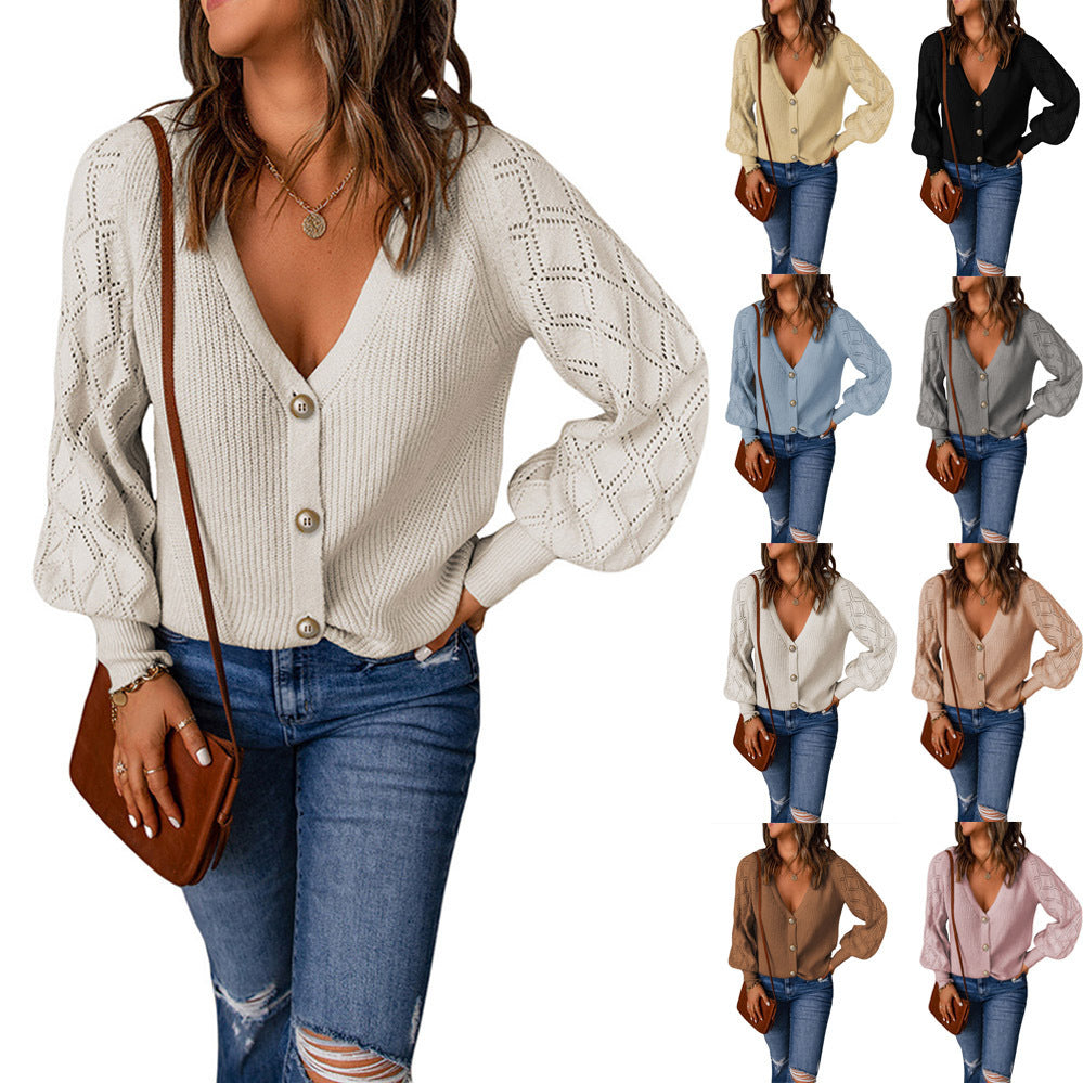 Frauen Strickjacke V-Ausschnitt Puffärmel Modern - BerlinGlamour