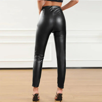 Damen Kunstlederhose Stretch Reißverschluss Schwarz