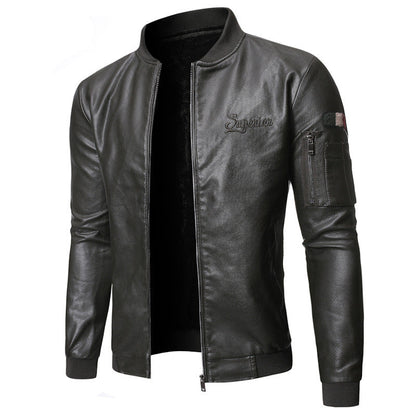 Herren Lederjacke Elegant Mit Stehkragen Reißverschluss