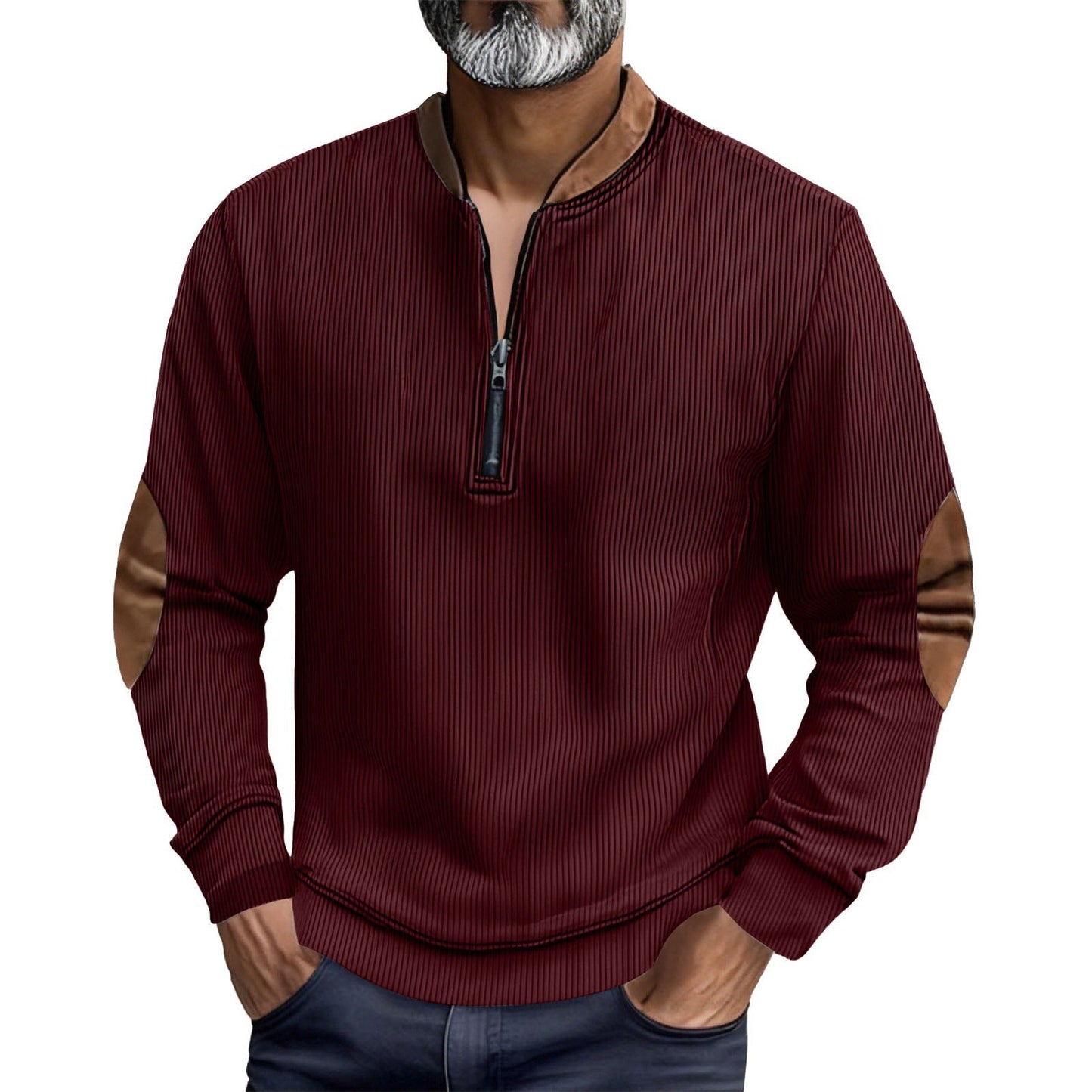 Herren Pullover Stehkragen Leder Einsätze Modern