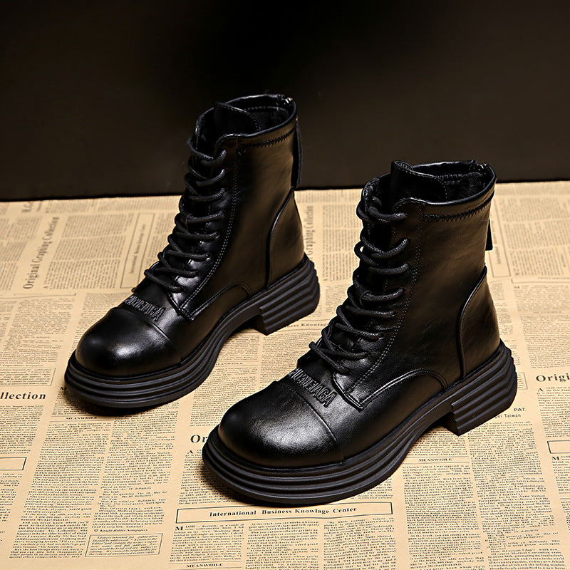 Damen Leder Stiefel Combat Boot Robust Schwarz