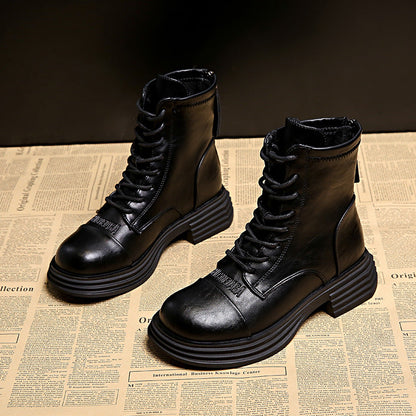 Damen Leder Stiefel Combat Boot Robust Schwarz