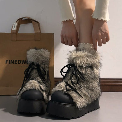 Damen Winterstiefel Schnürboots Warm Fellkragen Rutschfest