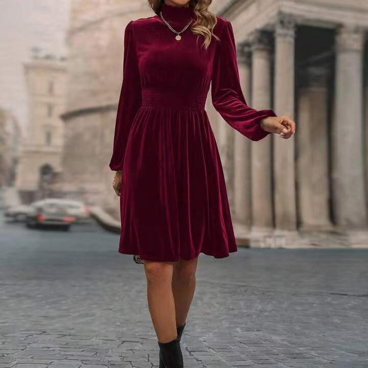 Elegantes Damen Samtkleid Langärmlig Hochgeschlossen