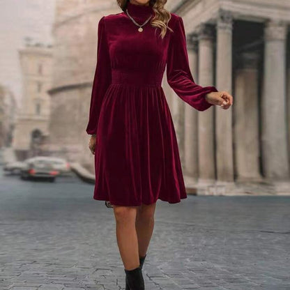 Elegantes Damen Samtkleid Langärmlig Hochgeschlossen