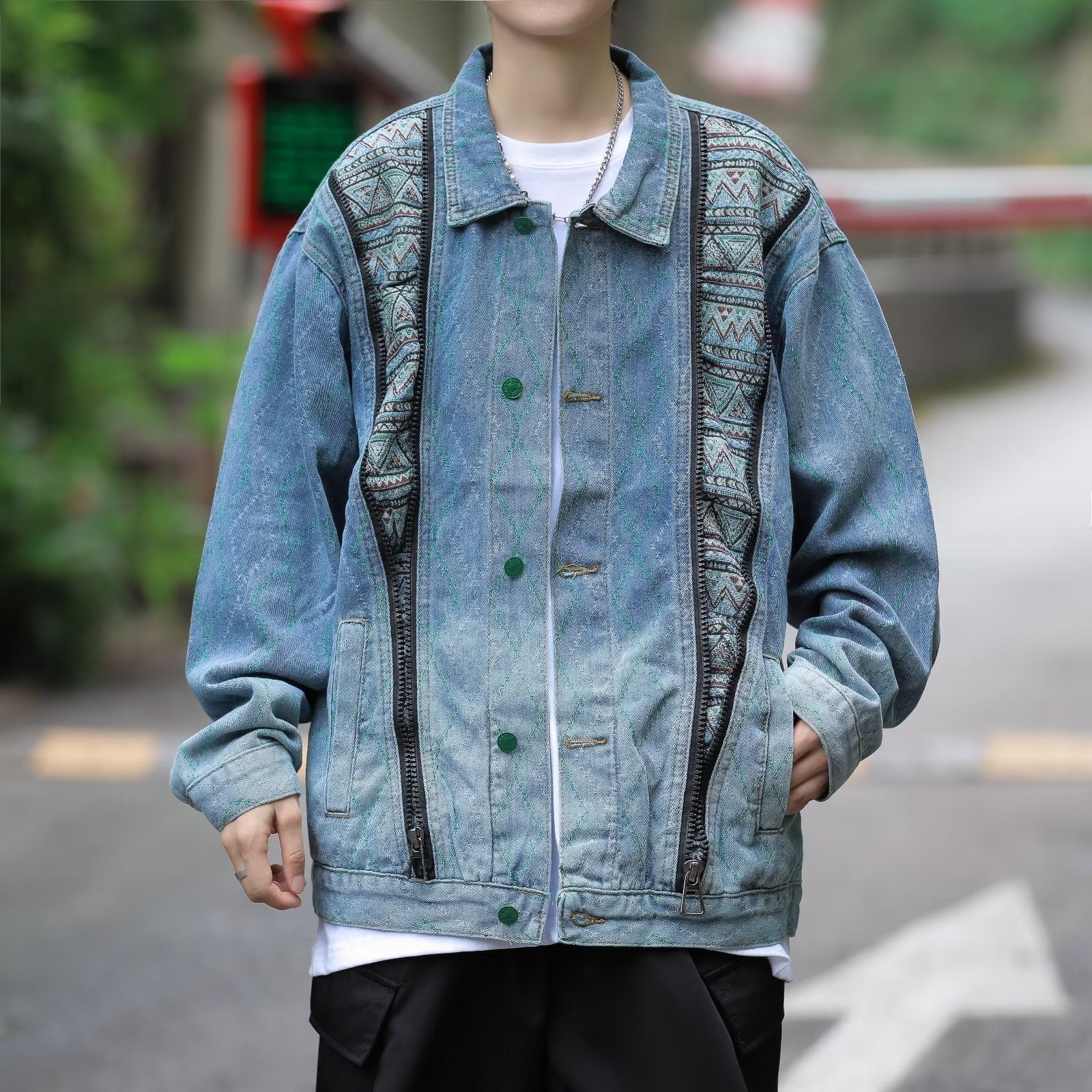 Herren Denimjacke Bunt Ethno Design Reißverschluss - BerlinGlamour