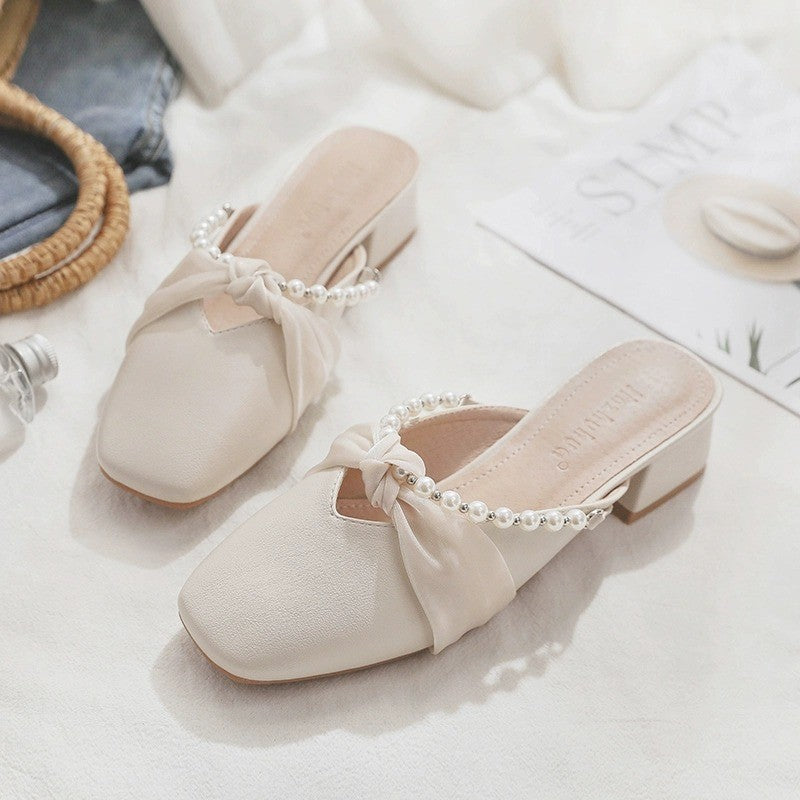 Damen Mules Elegante Perlen Schuhe mit Schleife Damen Schuhe
