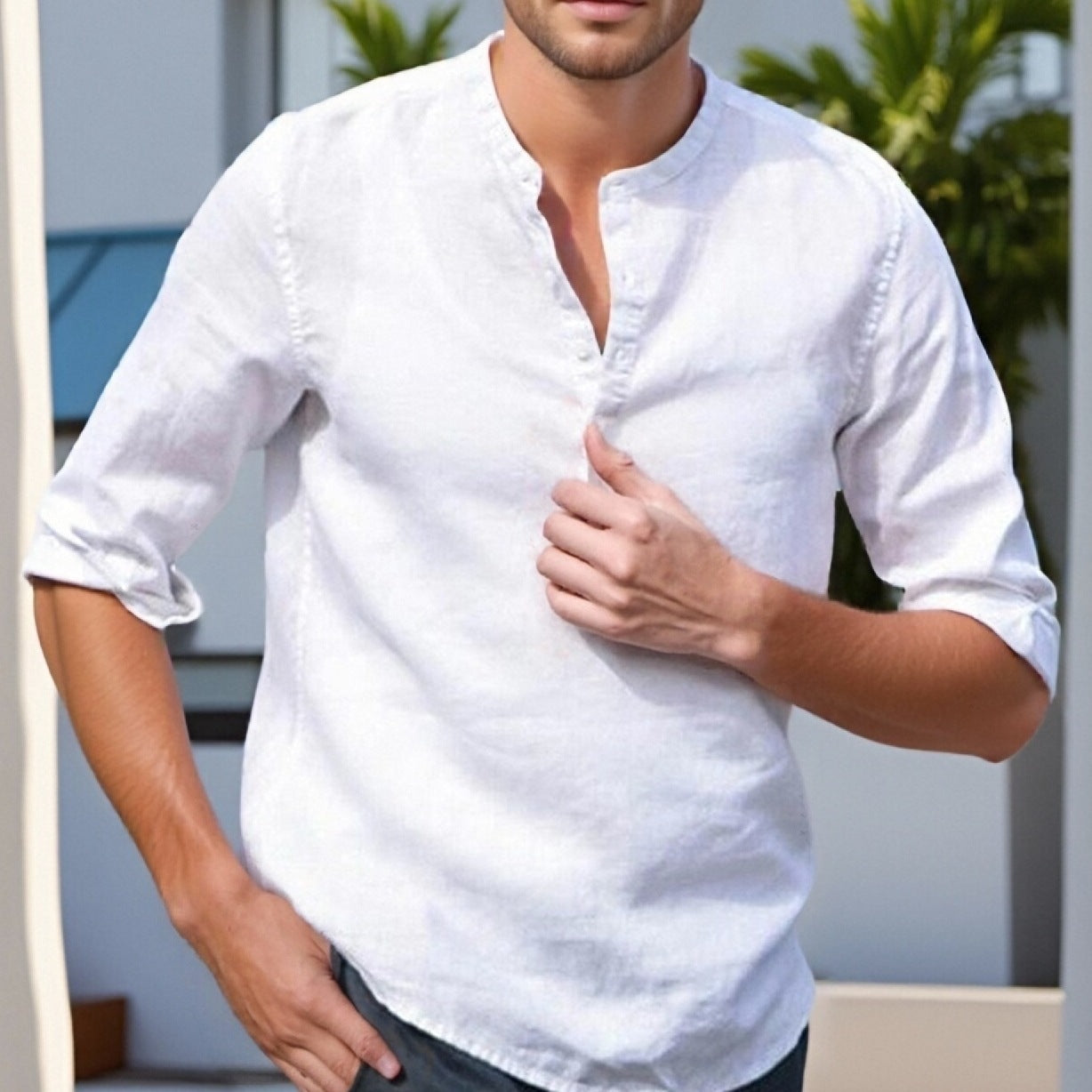 Herren Leinenhemd mit Mandarin-Kragen Elegantes Sommerhemd
