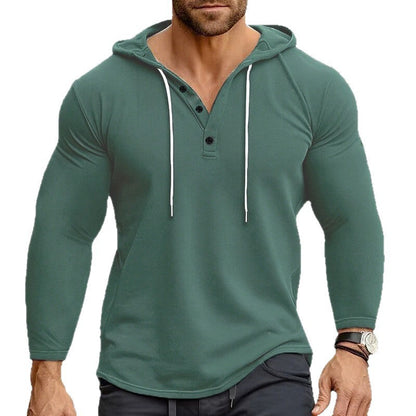 Herren Hoodie Kapuzenpullover mit Knöpfen und Kordelzug