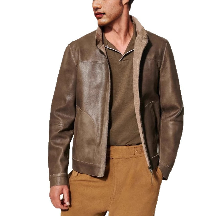 Herren Lederjacke Elegant Strukturiert Schwarzes Leder