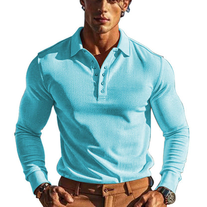 Herren Polo Langarm mit Knöpfen und Struktur Optik Modern