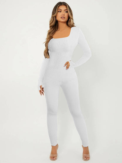 Elegante Damen Jumpsuit Langarm Rippenmuster Chic