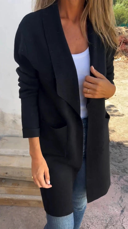 Damen Strickcardigan Lang mit Taschen und Offenen Kanten