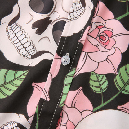 Herren Kurzarmhemd Totenkopf Blumen Muster Trendy