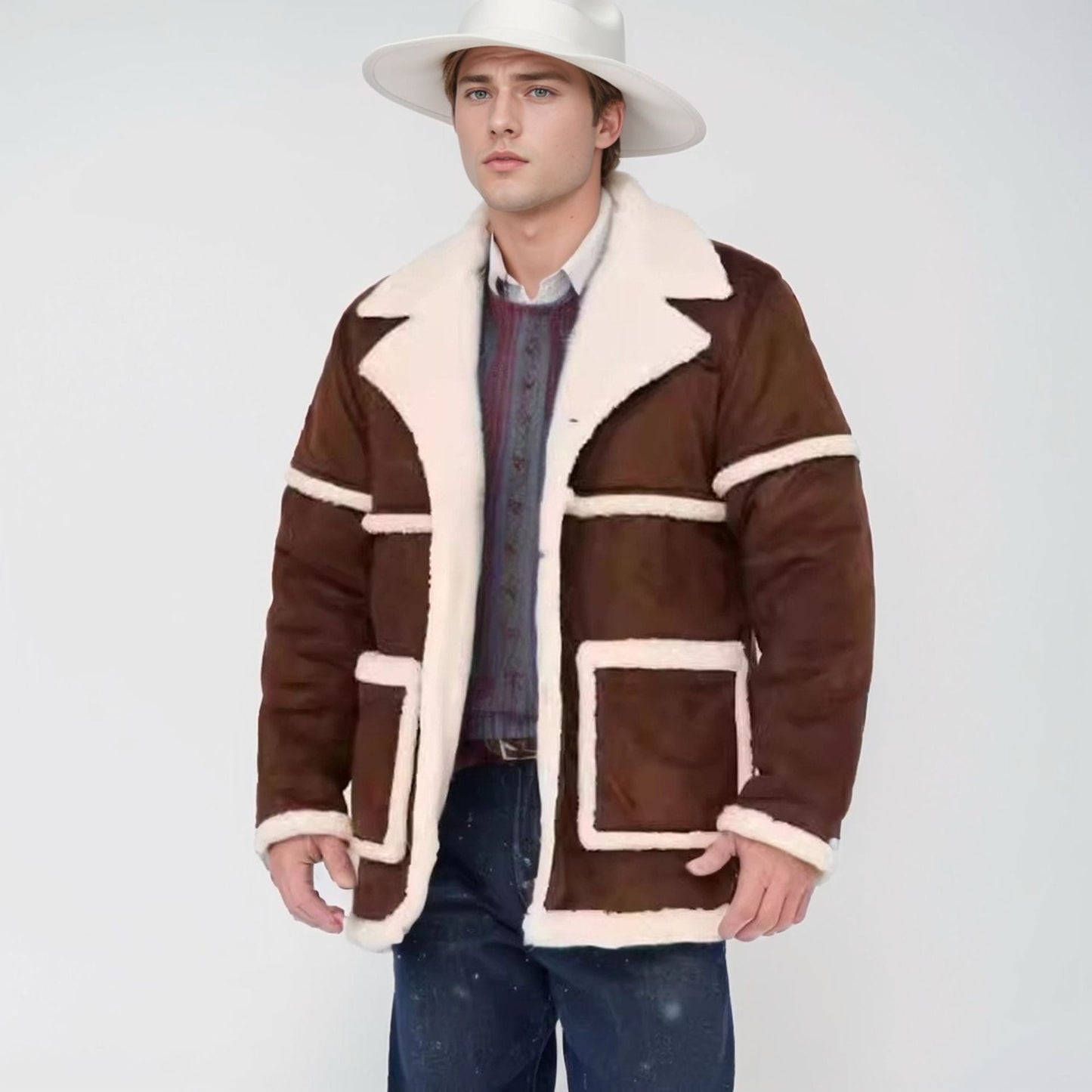 Herren Lammfelljacke Breites Revers Warm