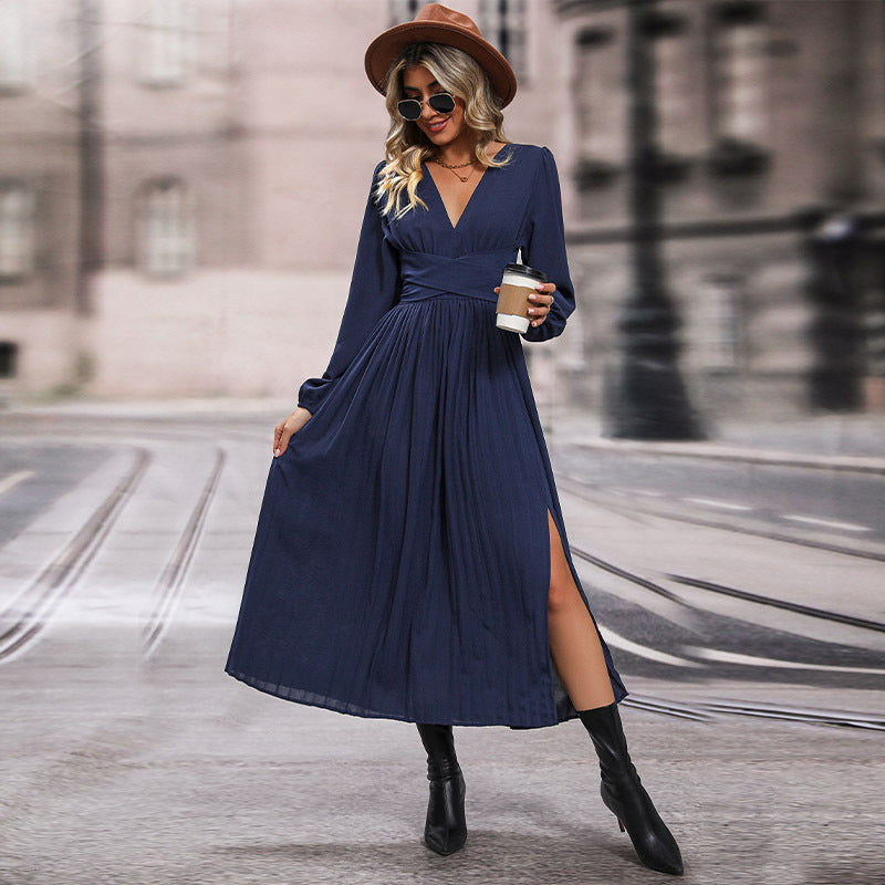 Damen Maxikleid V-Ausschnitt Langärmlig Elegantes Abendkleid