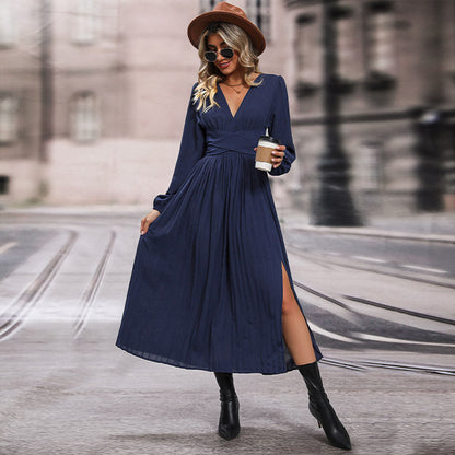 Damen Maxikleid V-Ausschnitt Langärmlig Elegantes Abendkleid