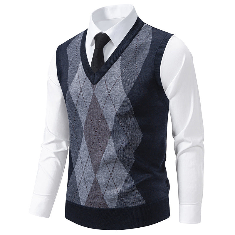 Herren Pullover V-Ausschnitt Klassisches Rautenmuster Modern