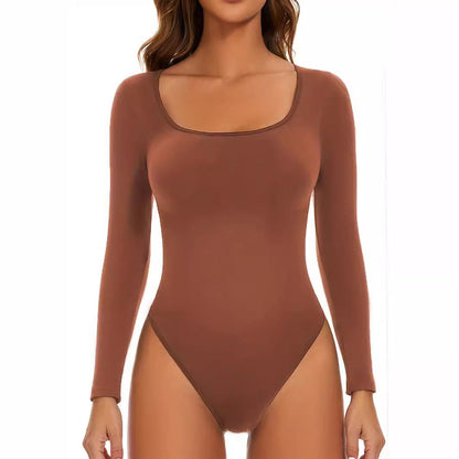 Damen Body Langarm Figurbetont mit Tiefem Ausschnitt