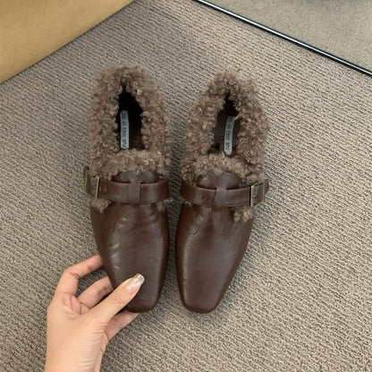 Damen Mokassins Elegante Warmkragen Schnalle