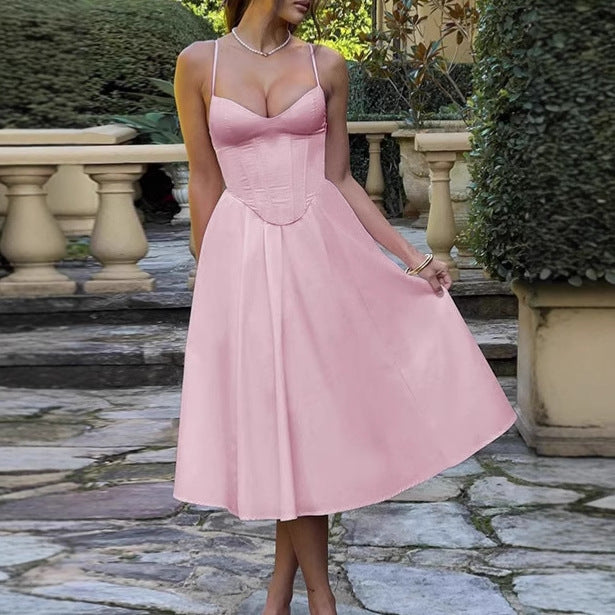 Damen Midi-Kleid Elegantes A-Linie Spaghettiträger Weich