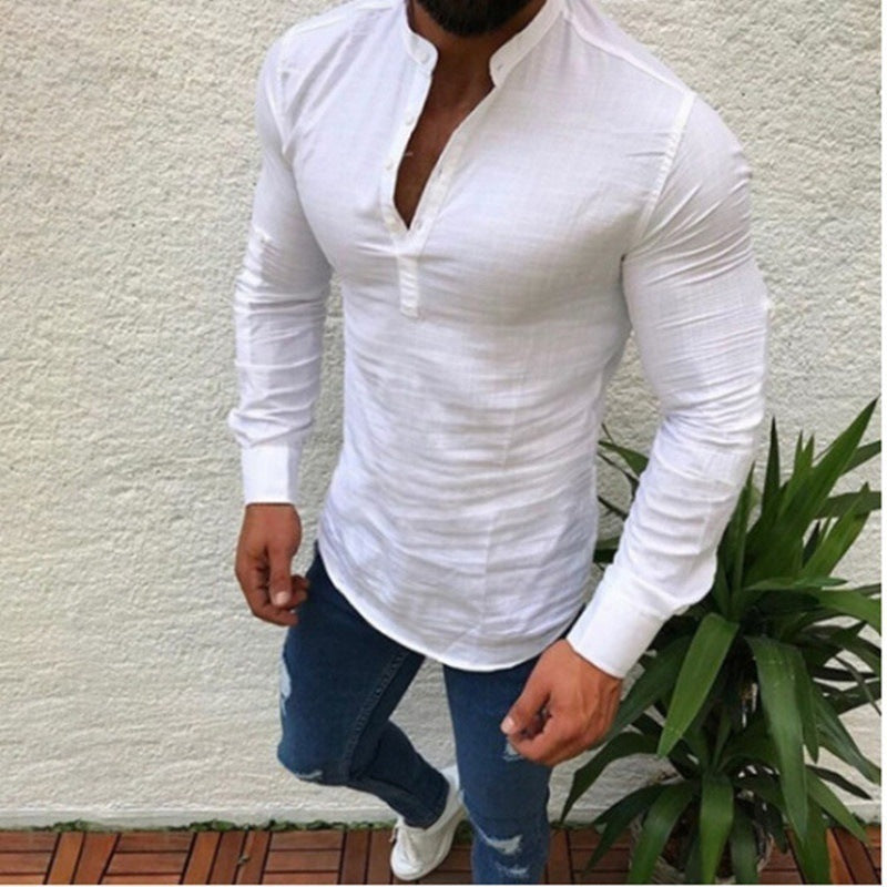Herren Hemd Langarm Stehkragen Knopfverschluss Modern