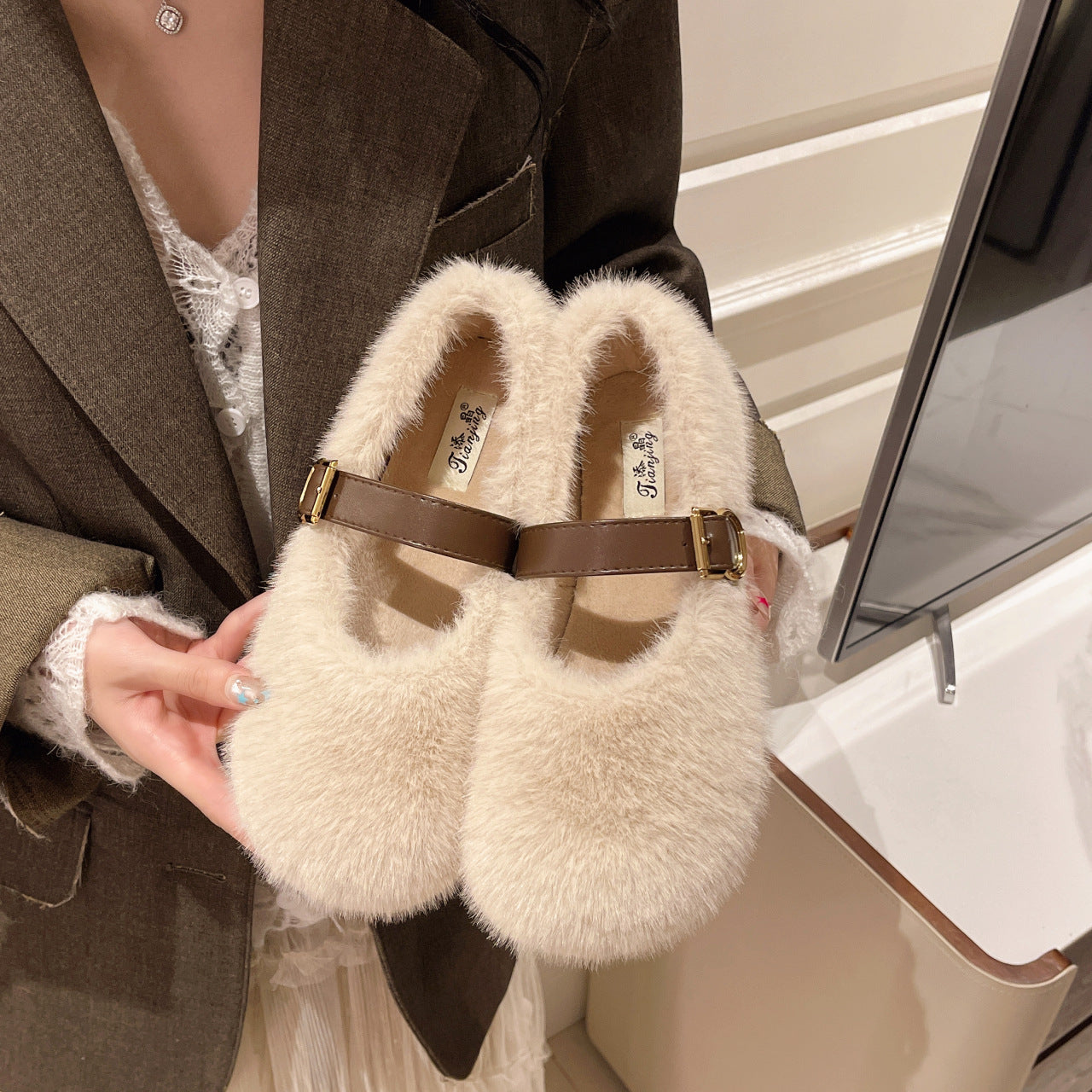 Damen Hausschuhe Flauschig Schnallenverschluss Elegante Winter