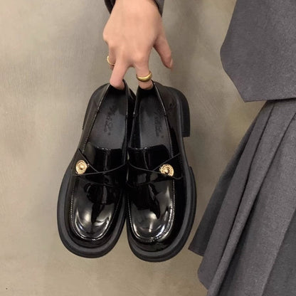 Damen Mokassin Lackleder Elegant Schnalle Schwarz Mode