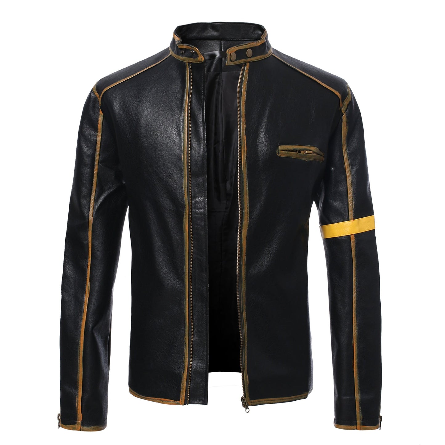 Lederjacke Herren Stehkragen Schwarz Ledermantel