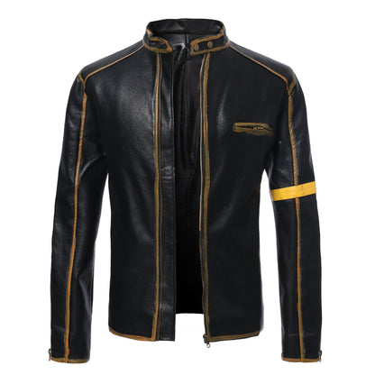 Lederjacke Herren Stehkragen Schwarz Ledermantel
