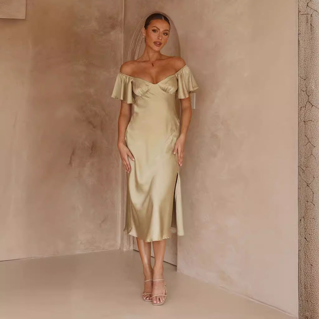 Damen Maxikleid Off-Shoulder Elegant Rüschen Schlitz