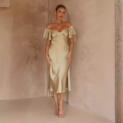 Damen Maxikleid Off-Shoulder Elegant Rüschen Schlitz