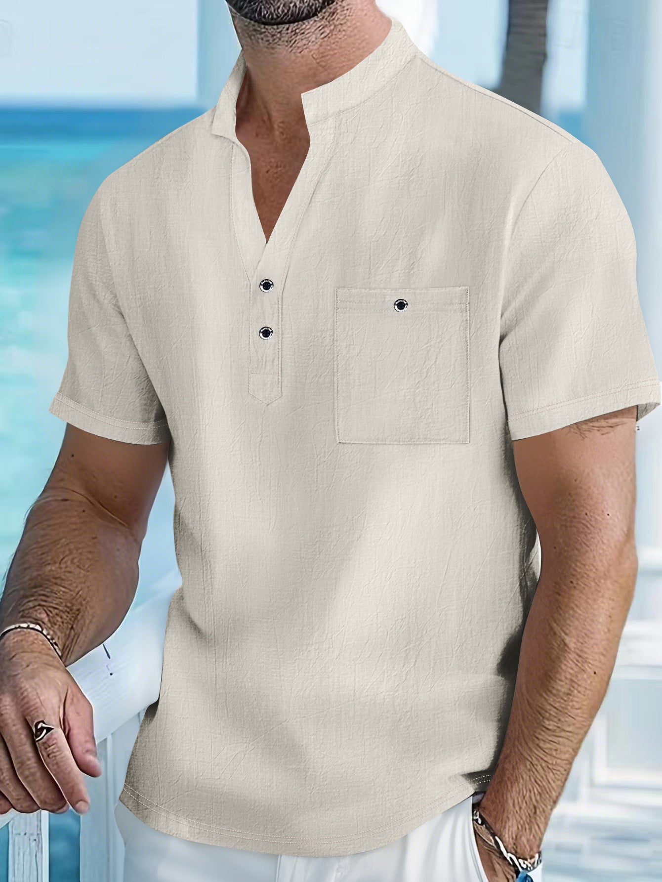 Herren Hemd Kurzarm Henley Ausschnitt mit Brusttasche Modern