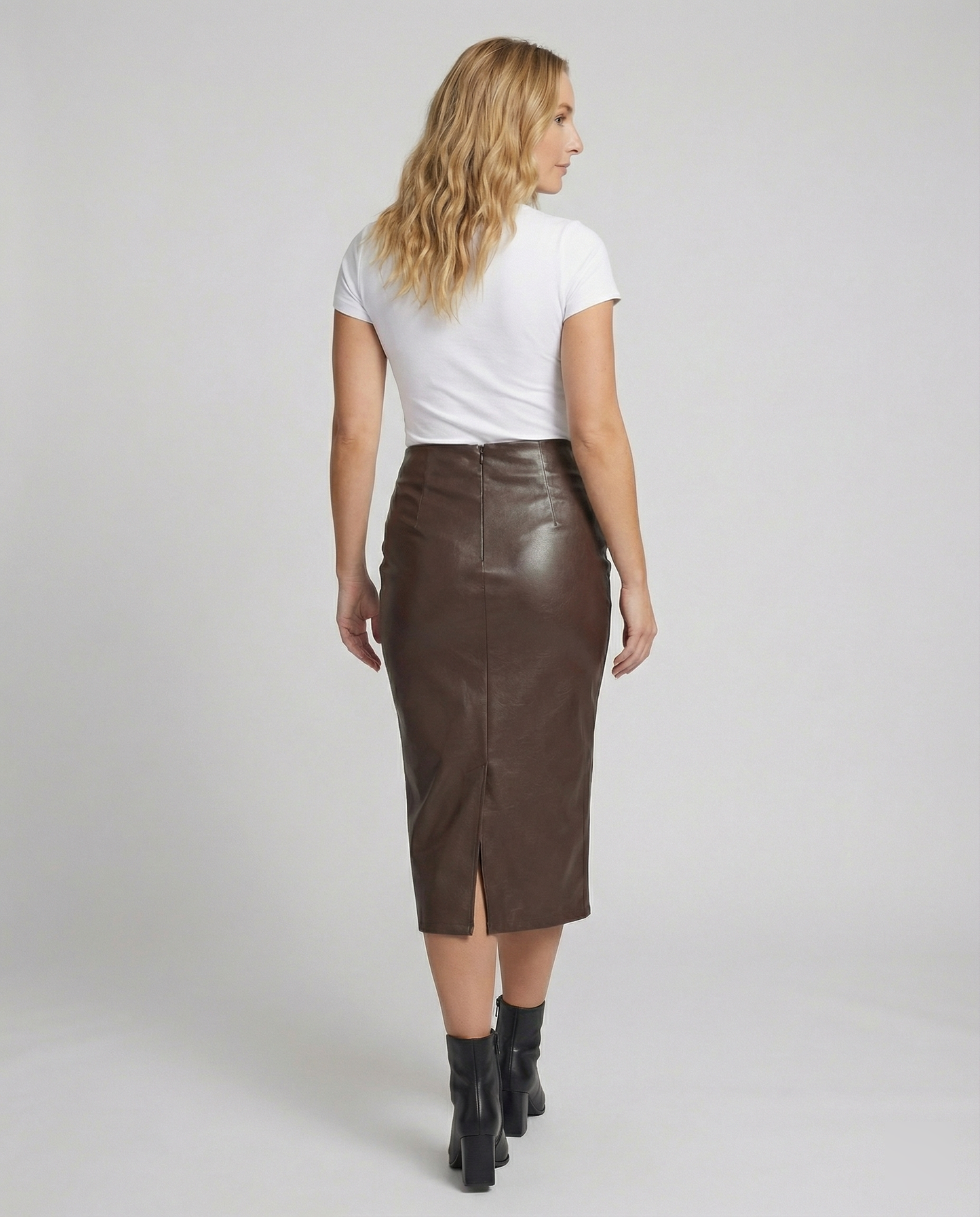 Lederrock Damen Midi Raffung Elegant Schwarz