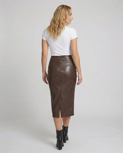Lederrock Damen Midi Raffung Elegant Schwarz