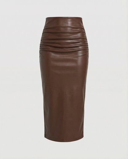 Lederrock Damen Midi Raffung Elegant Schwarz