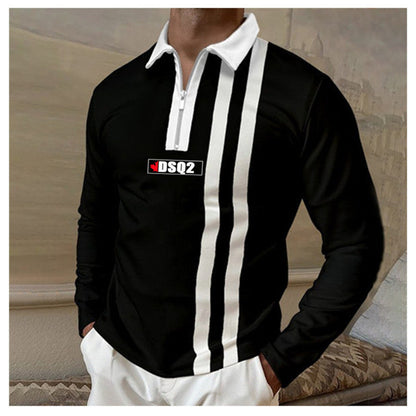 Herren Langarm Poloshirt Modern mit Reißverschluss Kontrast Farben