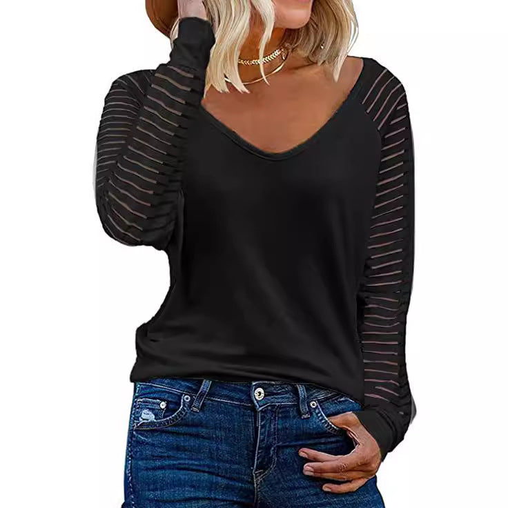 Damen Oberteil V-Ausschnitt mit Durchsicht Ärmeln Trendy