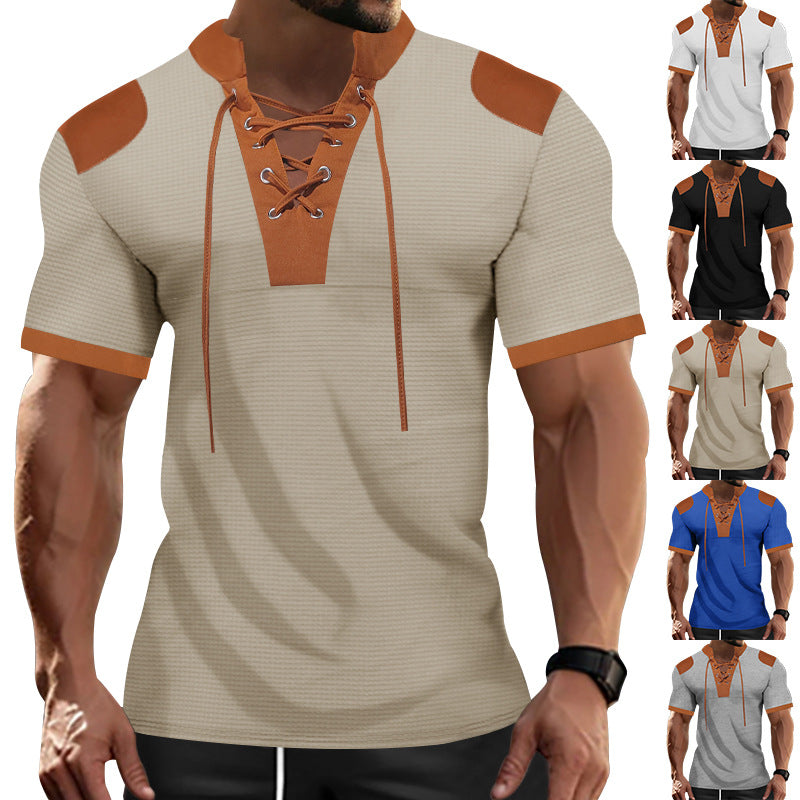 Herren Kurzarm Hemd Modern mit Schnürkragen und Kontrastfarben - BerlinGlamour