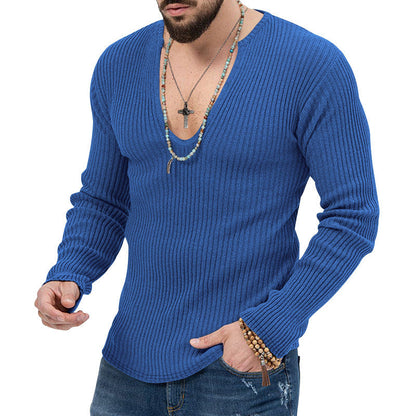 Herren Langarmshirt Strukturiert V-Ausschnitt Rippdesign Modern