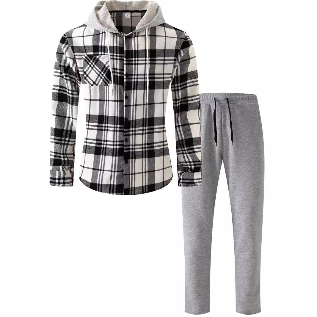 Herren Flanell-Hemd Set mit Jogginghose Kapuze Bequem