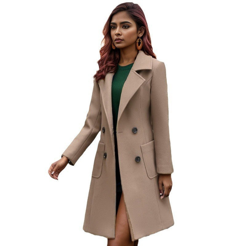 Damen Wollmantel Elegant Lang mit Taschen und Doppelknopf